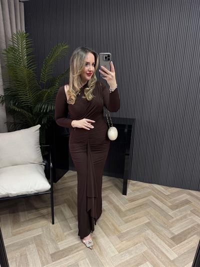Tatum Omuz Detaylı Drapeli Candy Elbise Acı Kahve