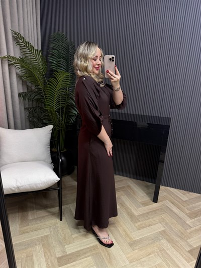 Tatum Önden Düğmeli Tensel Gömlek Elbise Acı Kahve