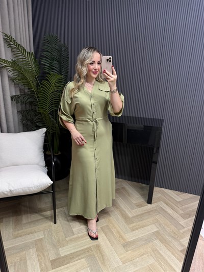Tatum Önden Düğmeli Tensel Gömlek Elbise Olive