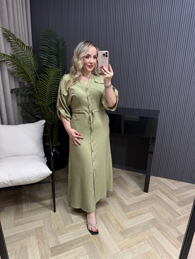 Tatum Önden Düğmeli Tensel Gömlek Elbise Olive