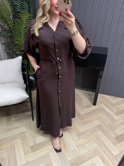 Tatum Önden Düğmeli Tensel Gömlek Elbise Acı Kahve
