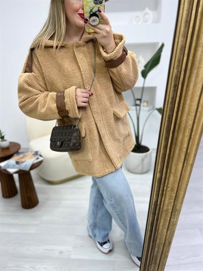 Teddy Deri Detaylı Kahve Astarlı Mont