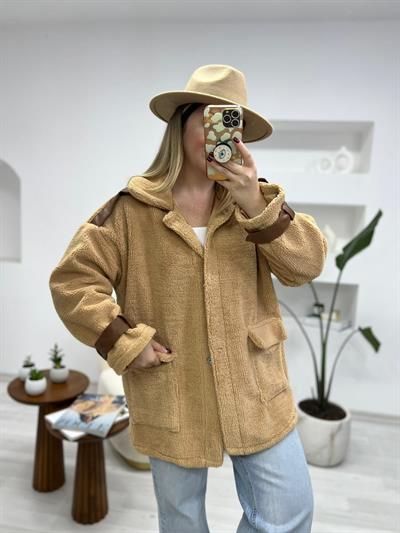 Teddy Deri Detaylı Kahve Astarlı Mont