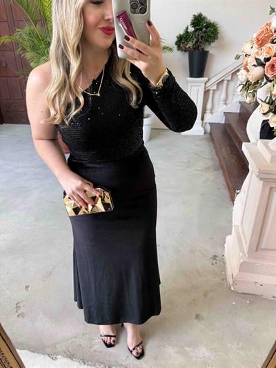 Tek Kol Payet Detaylı Kadife Elbise Siyah
