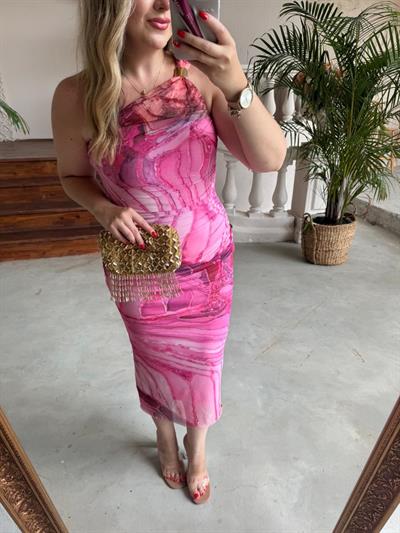 Tek Omuzlu Gold Detaylı Tül Elbise Pembe