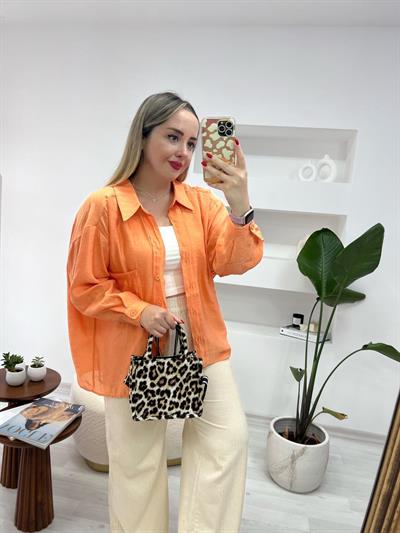 Tensel Keten Oversize Gömlek Oranj