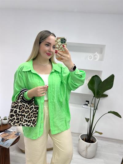 Tensel Keten Oversize Gömlek Yeşil