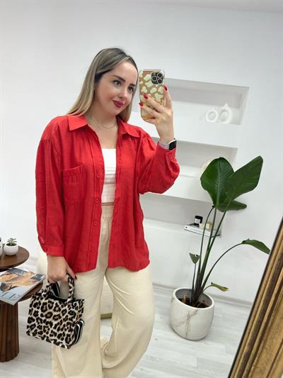 Tensel Keten Oversize Kirmizi Gömlek