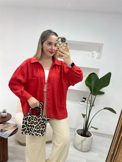 Tensel Keten Oversize Kirmizi Gömlek