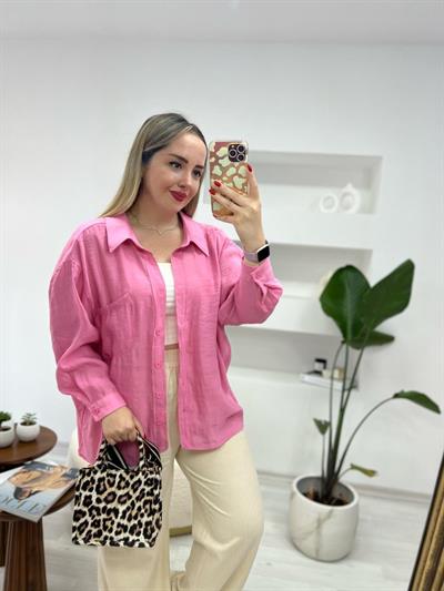 Tensel Keten Oversize Pembe Gömlek