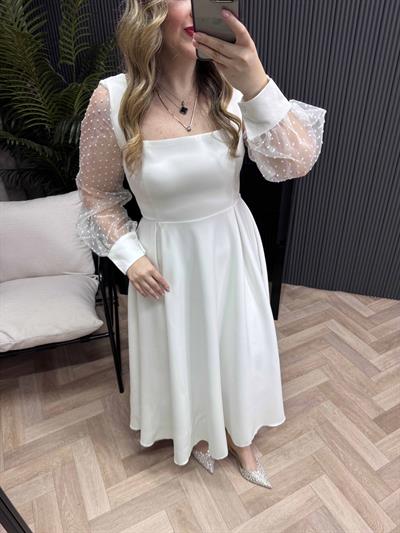 Terra Kolları Organze Detaylı Beyaz Kuplu Elbise