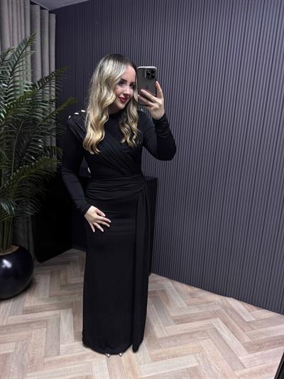 Tina Gold Düğme Ve Bel Detaylı Vatkalı Elbise Siyah
