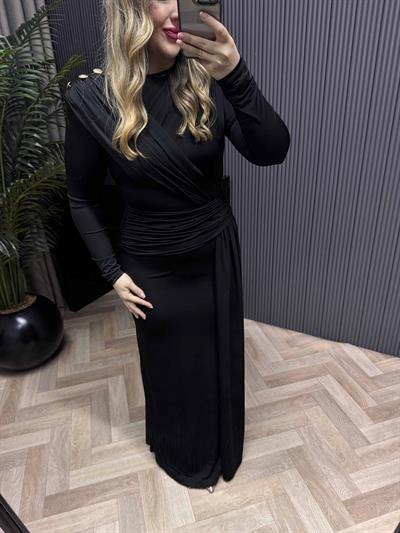 Tina Gold Düğme Ve Bel Detaylı Vatkalı Elbise Siyah