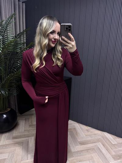 Tina Gold Düğme Ve Bel Detaylı Vatkalı Elbise Bordo