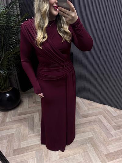 Tina Gold Düğme Ve Bel Detaylı Vatkalı Elbise Bordo