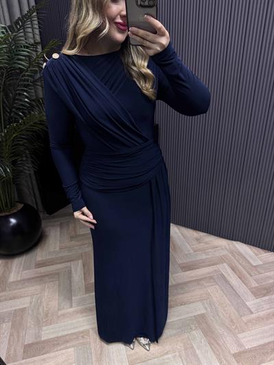 Tina Gold Düğme Ve Bel Detaylı Vatkalı Elbise Lacivert