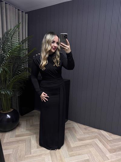 Tina Gold Düğme Ve Bel Detaylı Vatkalı Elbise Siyah