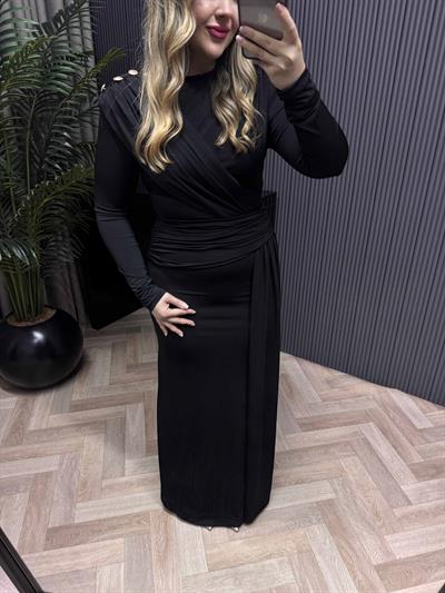 Tina Gold Düğme Ve Bel Detaylı Vatkalı Elbise Siyah