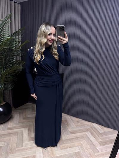 Tina Gold Düğme Ve Bel Detaylı Vatkalı Elbise Lacivert