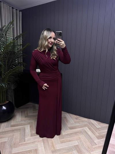 Tina Gold Düğme Ve Bel Detaylı Vatkalı Elbise Bordo