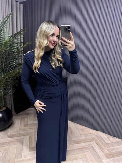 Tina Gold Düğme Ve Bel Detaylı Vatkalı Elbise Lacivert