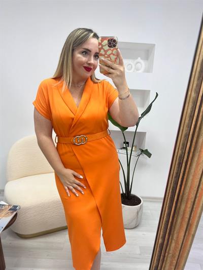 Tokalı Kemerli Beli Lastikli Elbise Oranj