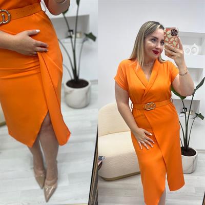 Tokalı Kemerli Beli Lastikli Elbise Oranj