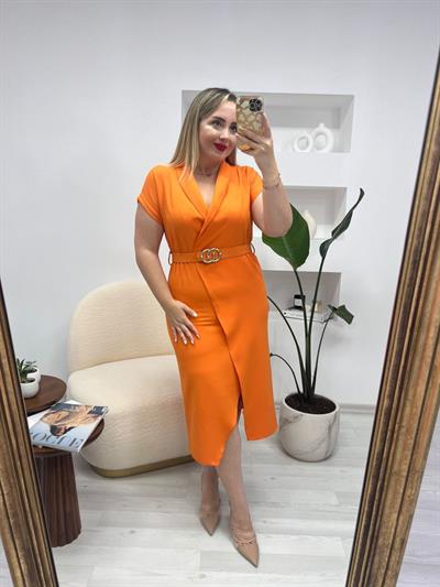 Tokalı Kemerli Beli Lastikli Elbise Oranj