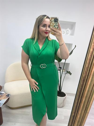 Tokalı Kemerli Beli Lastikli Elbise Yeşil