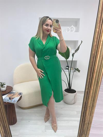 Tokalı Kemerli Beli Lastikli Elbise Yeşil