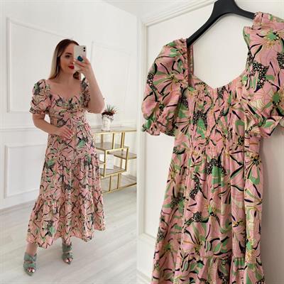 Toz Pembe Desenli Poplin Elbise