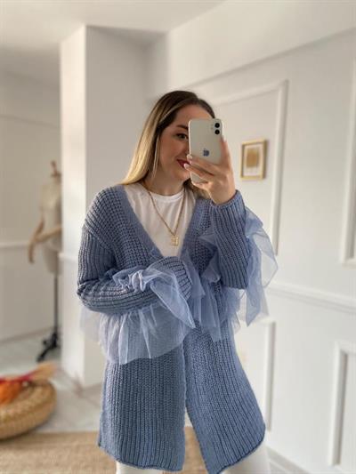 Tül Detay Hırka Mavi