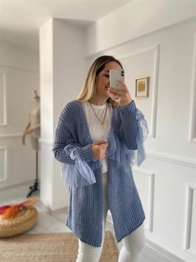 Tül Detay Hırka Mavi