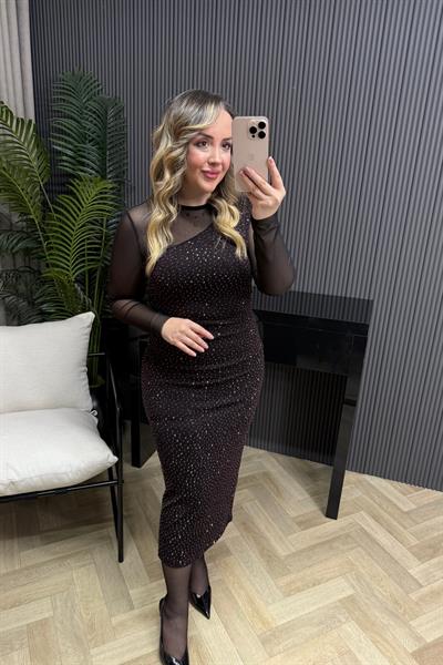 Tül Taşlı Mürdüm Renk Elbise