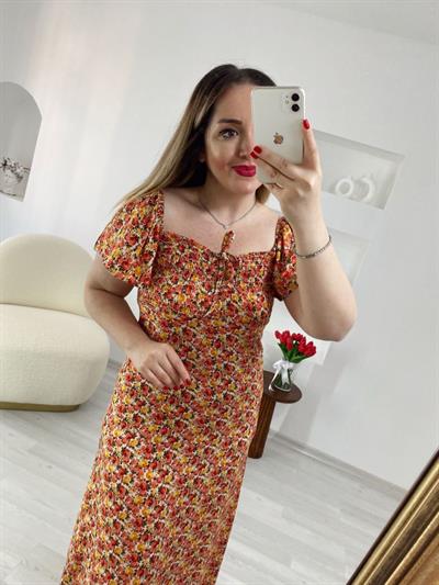 Turuncu Çiçekli Diana Elbise