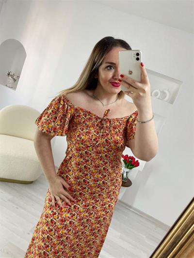 Turuncu Çiçekli Diana Elbise