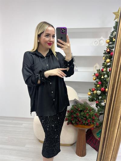 Tütü Detaylı İpek Saten Gömlek Siyah