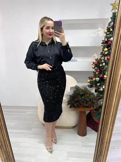 Tütü Detaylı İpek Saten Gömlek Siyah