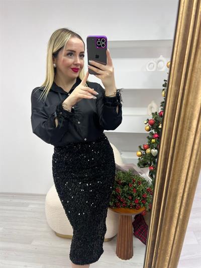 Tütü Detaylı İpek Saten Gömlek Siyah