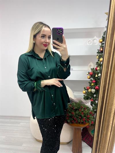 Tütü Detaylı İpek Saten Gömlek Zümrüt