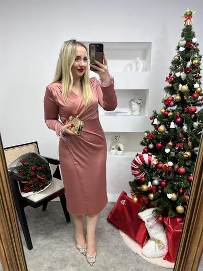 Tütü Detaylı Kruvaze Saten Elbise Pembe