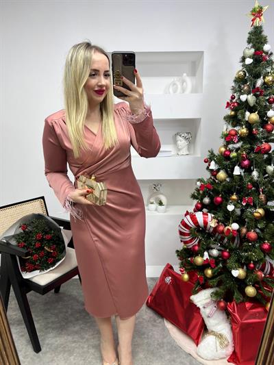 Tütü Detaylı Kruvaze Saten Elbise Pembe