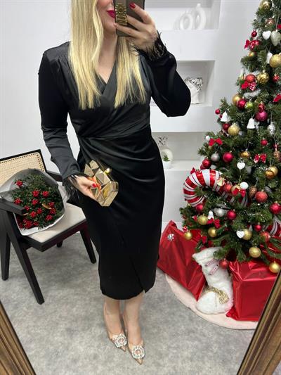 Tütü Detaylı Kruvaze Saten Elbise Siyah