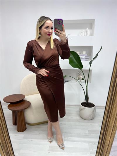 Tütü Kruvaze Model Acı Kahve Saten Elbise