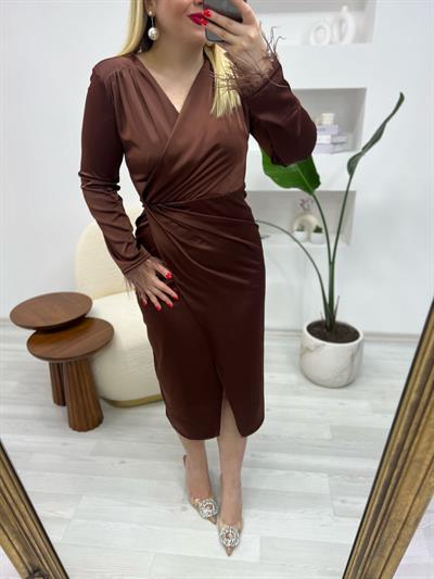 Tütü Kruvaze Model Acı Kahve Saten Elbise