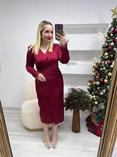 Tütü Kruvaze Model Bordo Saten Elbise