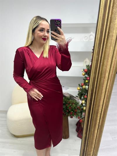 Tütü Kruvaze Model Bordo Saten Elbise