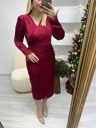 Tütü Kruvaze Model Bordo Saten Elbise