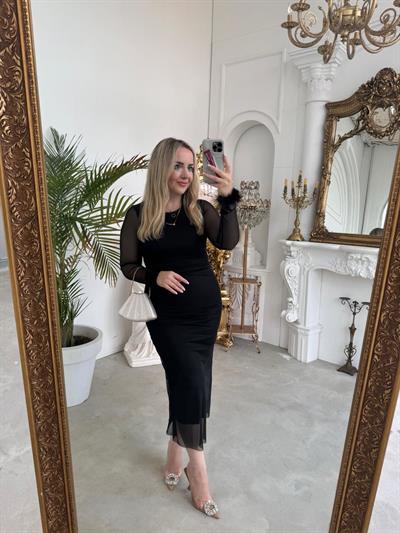 Tüy Detaylı Lara Siyah Tül Elbise