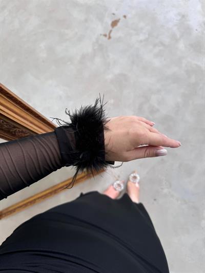 Tüy Detaylı Lara Siyah Tül Elbise